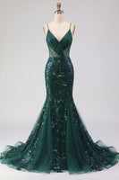 Load image into Gallery viewer, Sparkly Mermaid Spaghetti Straps Dark Green Long Beaded Prom Dress