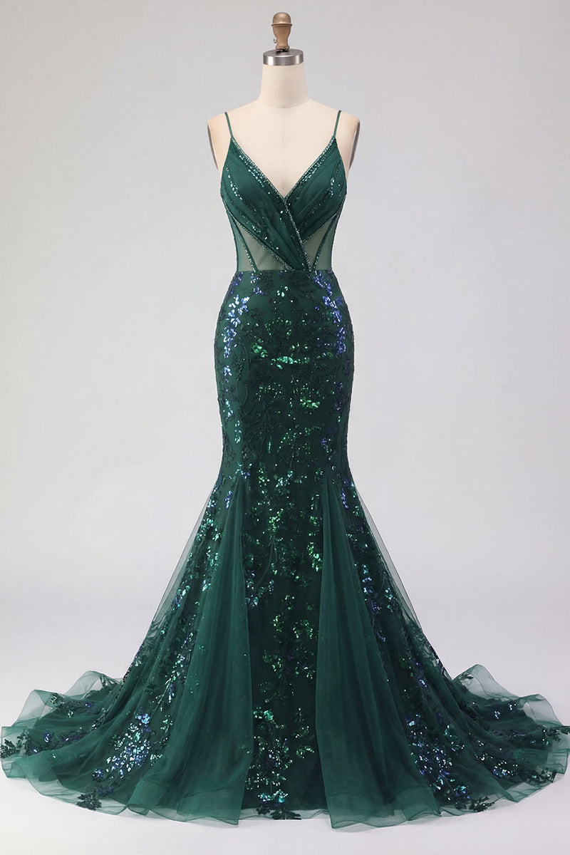 Load image into Gallery viewer, Sparkly Mermaid Spaghetti Straps Dark Green Long Beaded Prom Dress