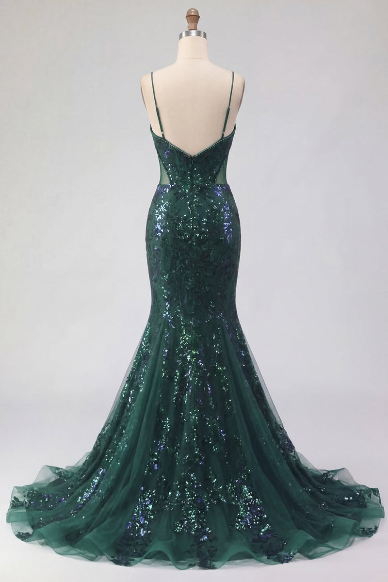 Load image into Gallery viewer, Sparkly Mermaid Spaghetti Straps Dark Green Long Beaded Prom Dress