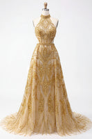 Load image into Gallery viewer, Sparkly High Neck A Line Golden Long Beaded Prom Dress with Cape