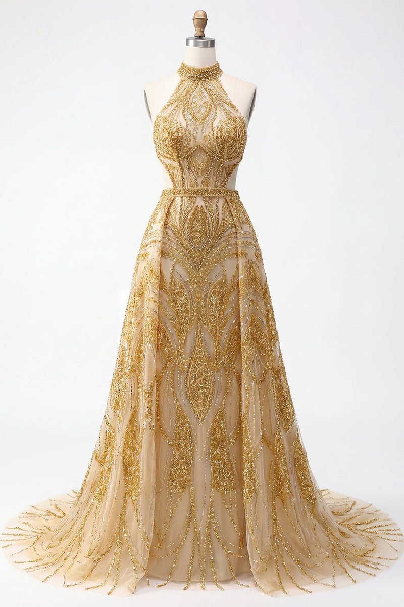 Load image into Gallery viewer, Sparkly High Neck A Line Golden Long Beaded Prom Dress with Cape