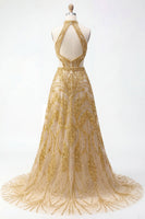 Load image into Gallery viewer, Sparkly High Neck A Line Golden Long Beaded Prom Dress with Cape
