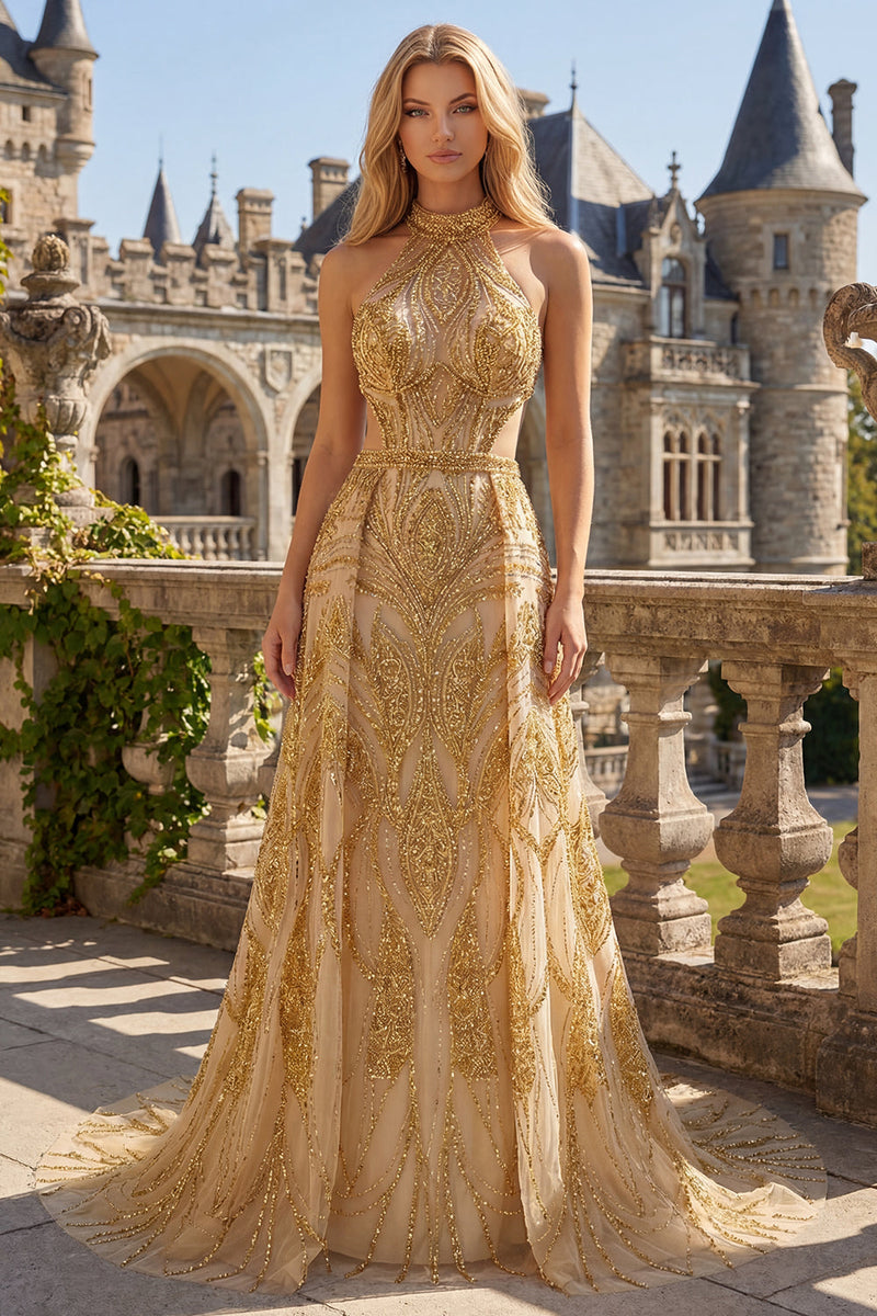 Load image into Gallery viewer, Sparkly High Neck A Line Golden Long Beaded Prom Dress with Cape