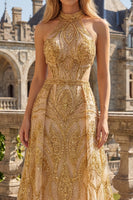 Load image into Gallery viewer, Sparkly High Neck A Line Golden Long Beaded Prom Dress with Cape