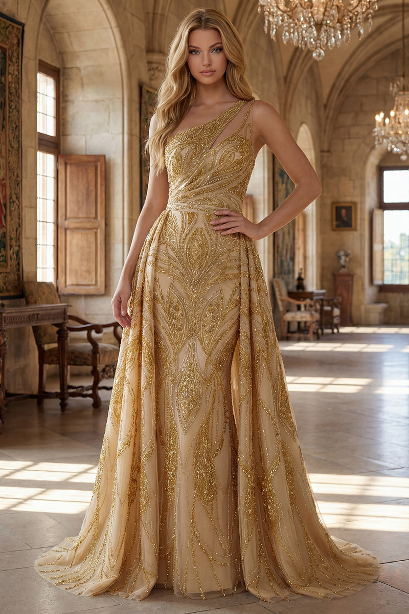 Load image into Gallery viewer, Sparkly One Shoulder Ruched A Line Golden Long Beaded Prom Dress with Cape