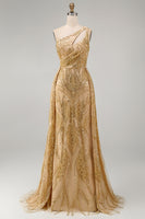 Load image into Gallery viewer, Sparkly One Shoulder Ruched A Line Golden Long Beaded Prom Dress with Cape