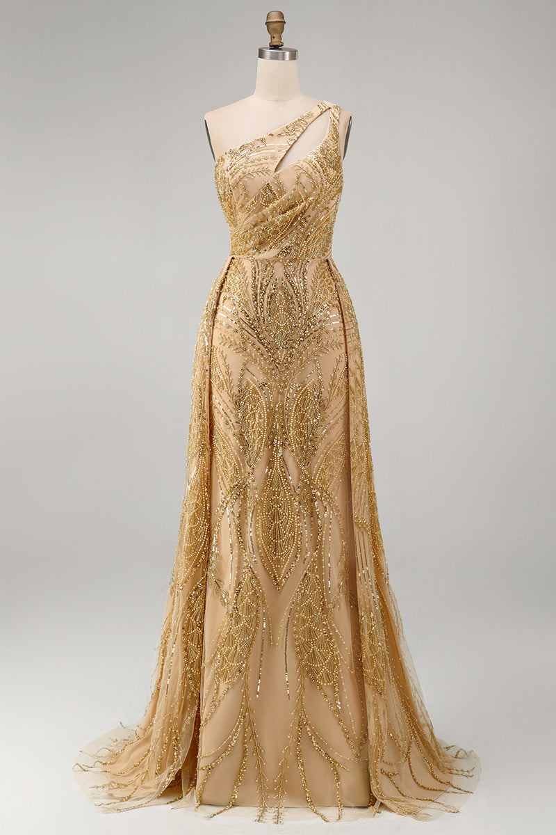 Load image into Gallery viewer, Sparkly One Shoulder Ruched A Line Golden Long Beaded Prom Dress with Cape