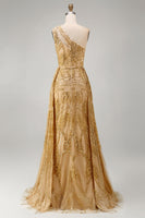 Load image into Gallery viewer, Sparkly One Shoulder Ruched A Line Golden Long Beaded Prom Dress with Cape