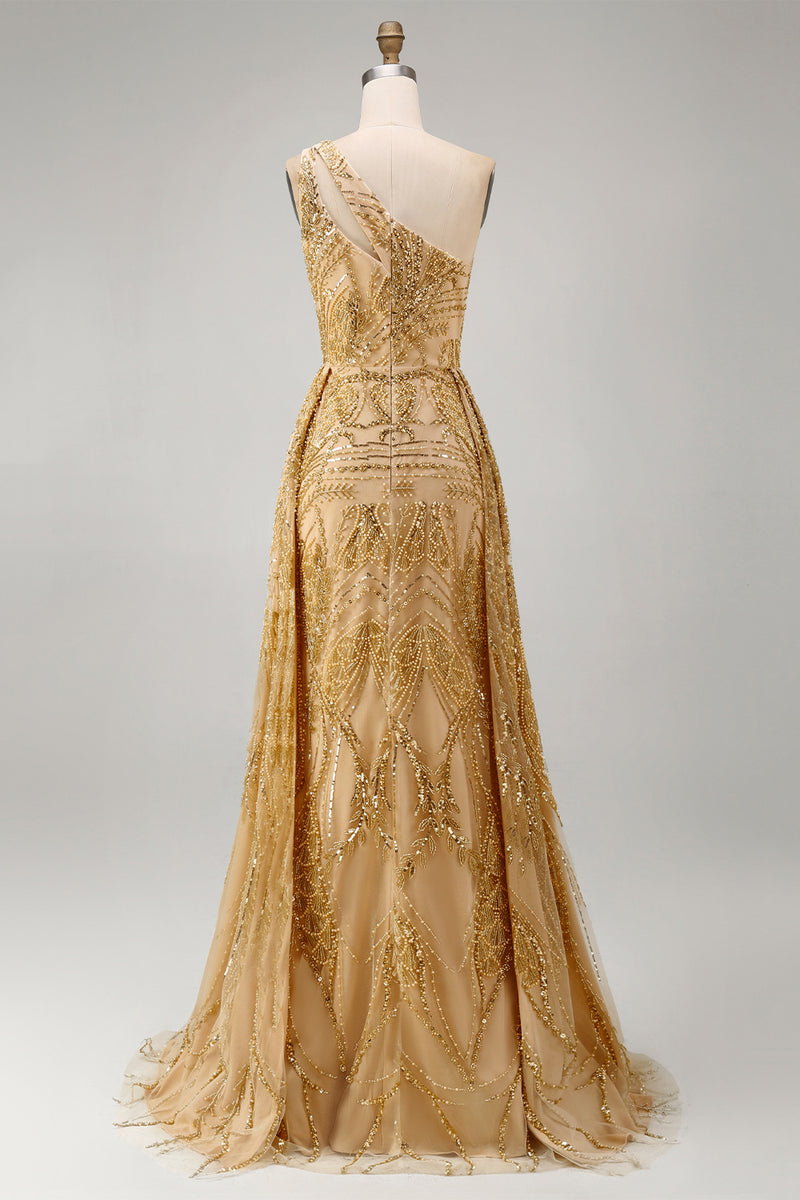 Load image into Gallery viewer, Sparkly One Shoulder Ruched A Line Golden Long Beaded Prom Dress with Cape