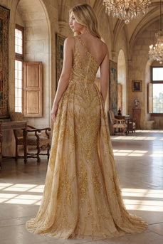 Sparkly One Shoulder Ruched A Line Golden Long Beaded Prom Dress with Cape