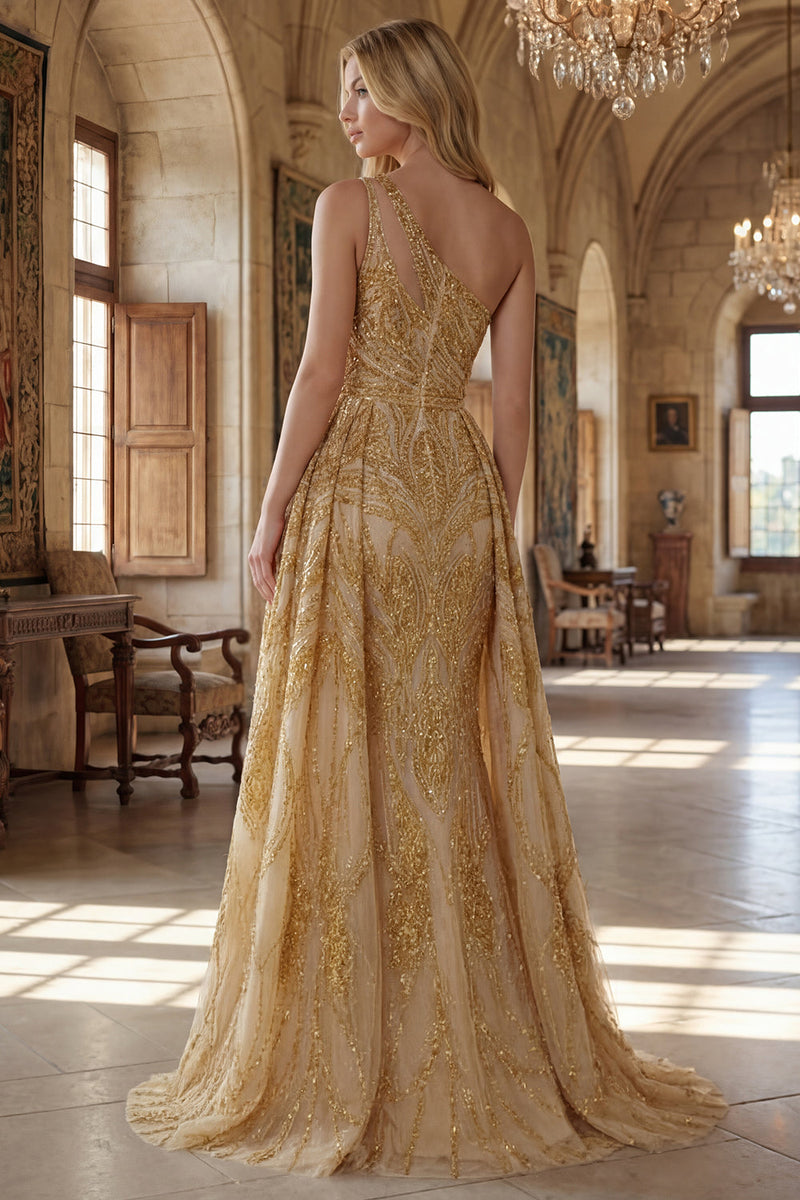 Load image into Gallery viewer, Sparkly One Shoulder Ruched A Line Golden Long Beaded Prom Dress with Cape