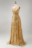 Load image into Gallery viewer, Sparkly One Shoulder Ruched A Line Golden Long Beaded Prom Dress with Cape