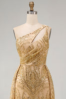 Load image into Gallery viewer, Sparkly One Shoulder Ruched A Line Golden Long Beaded Prom Dress with Cape