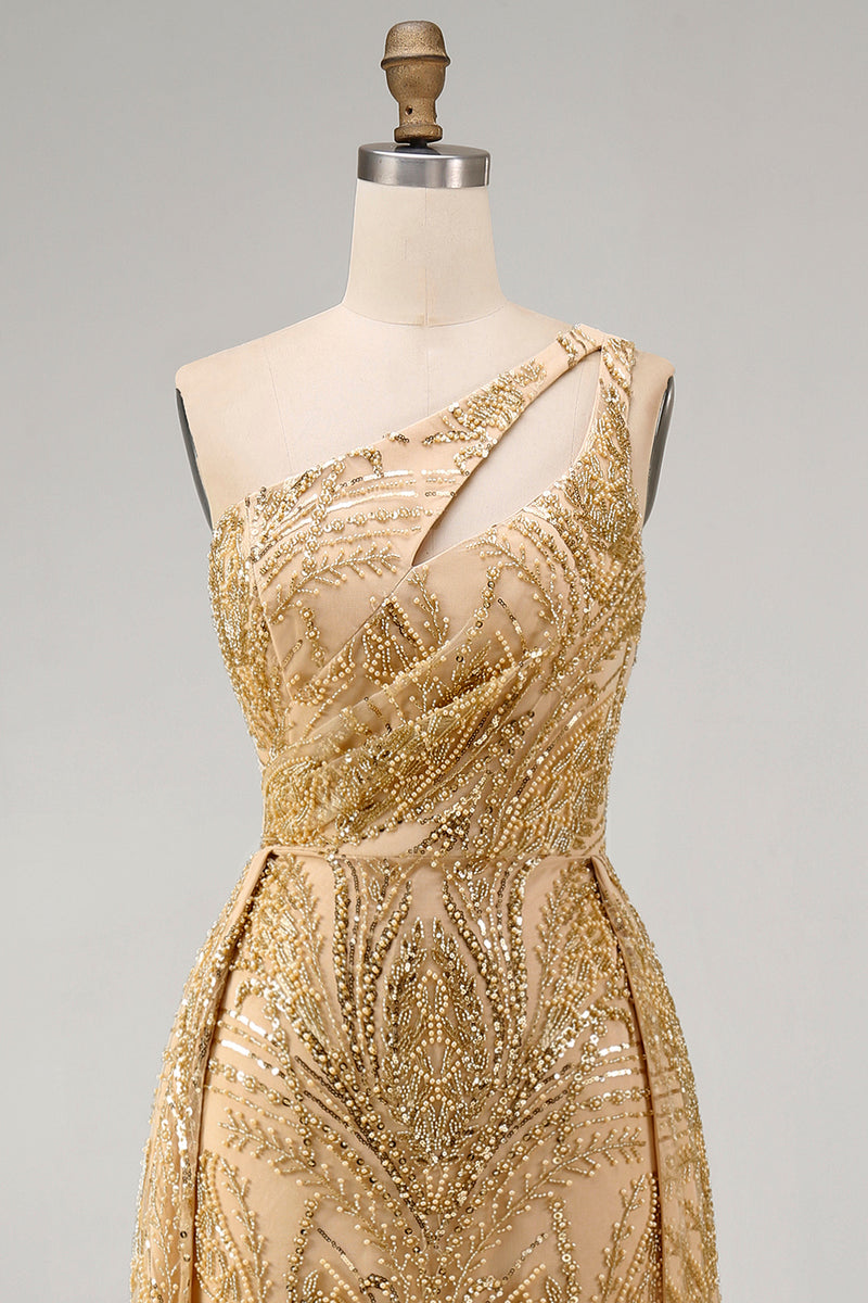 Load image into Gallery viewer, Sparkly One Shoulder Ruched A Line Golden Long Beaded Prom Dress with Cape