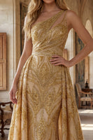 Load image into Gallery viewer, Sparkly One Shoulder Ruched A Line Golden Long Beaded Prom Dress with Cape