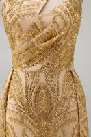 Load image into Gallery viewer, Sparkly One Shoulder Ruched A Line Golden Long Beaded Prom Dress with Cape