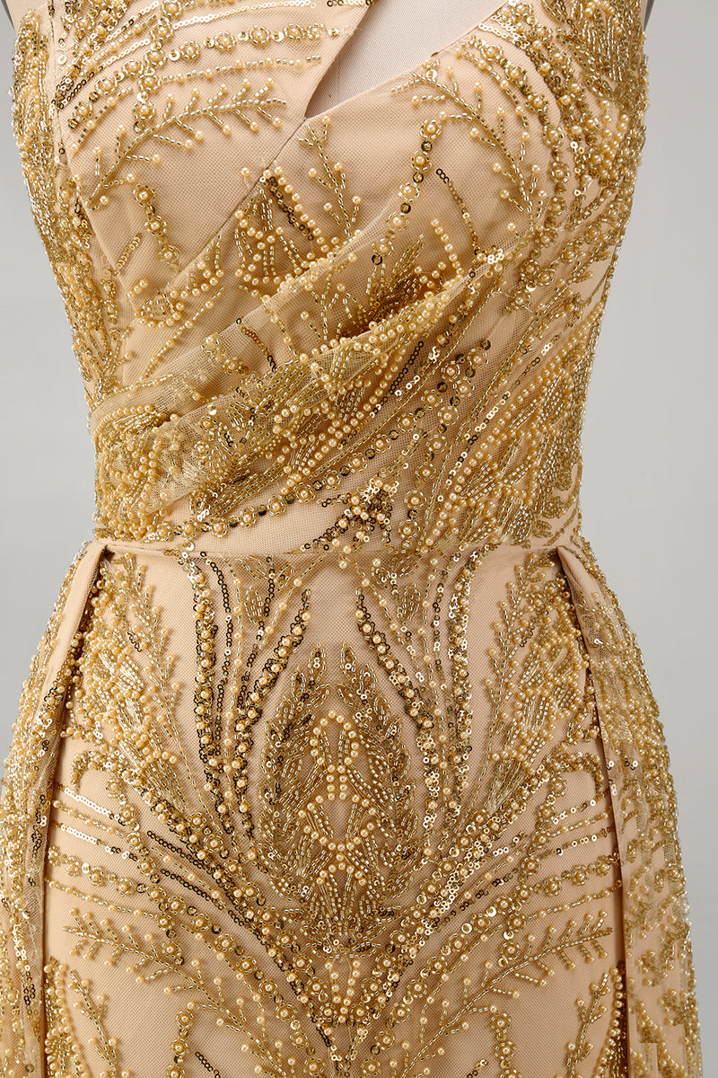 Load image into Gallery viewer, Sparkly One Shoulder Ruched A Line Golden Long Beaded Prom Dress with Cape
