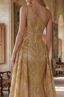 Load image into Gallery viewer, Sparkly One Shoulder Ruched A Line Golden Long Beaded Prom Dress with Cape