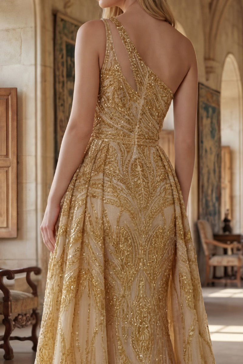 Load image into Gallery viewer, Sparkly One Shoulder Ruched A Line Golden Long Beaded Prom Dress with Cape