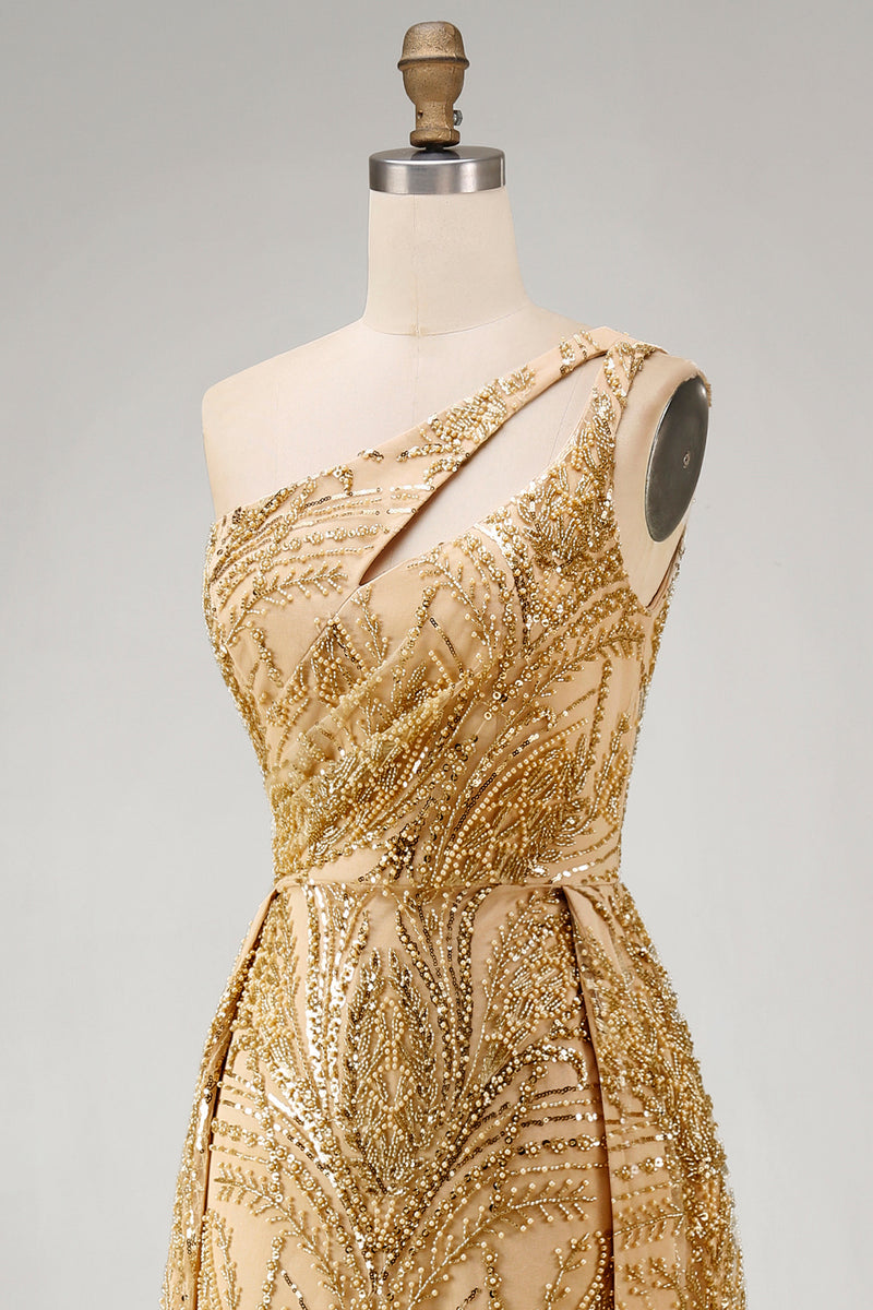 Load image into Gallery viewer, Sparkly One Shoulder Ruched A Line Golden Long Beaded Prom Dress with Cape