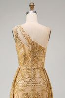 Load image into Gallery viewer, Sparkly One Shoulder Ruched A Line Golden Long Beaded Prom Dress with Cape