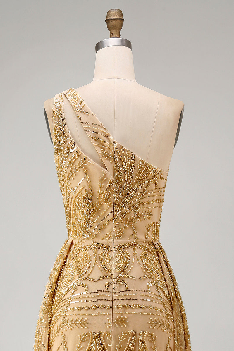Load image into Gallery viewer, Sparkly One Shoulder Ruched A Line Golden Long Beaded Prom Dress with Cape