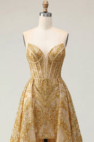 Load image into Gallery viewer, Corset A Line Golden Sparkly High Low Beaded Prom Dress with Cape