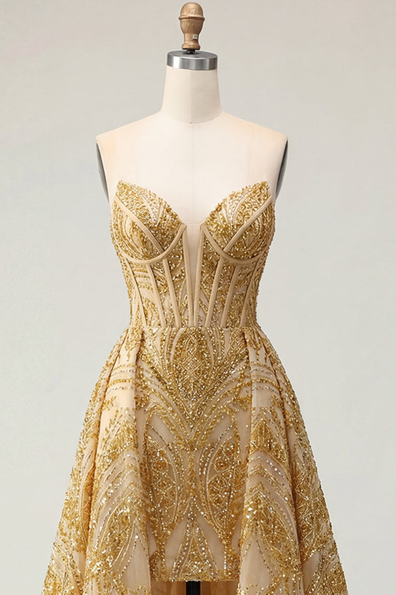 Load image into Gallery viewer, Corset A Line Golden Sparkly High Low Beaded Prom Dress with Cape