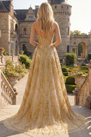 Load image into Gallery viewer, Corset A Line Golden Sparkly High Low Beaded Prom Dress with Cape
