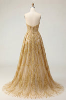 Load image into Gallery viewer, Corset A Line Golden Sparkly High Low Beaded Prom Dress with Cape