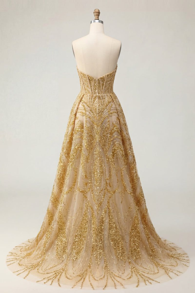 Load image into Gallery viewer, Corset A Line Golden Sparkly High Low Beaded Prom Dress with Cape