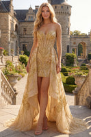 Load image into Gallery viewer, Corset A Line Golden Sparkly High Low Beaded Prom Dress with Cape