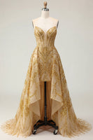Load image into Gallery viewer, Corset A Line Golden Sparkly High Low Beaded Prom Dress with Cape