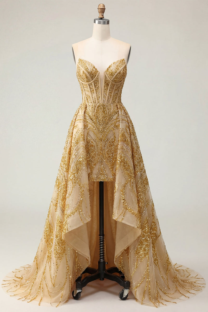 Load image into Gallery viewer, Corset A Line Golden Sparkly High Low Beaded Prom Dress with Cape