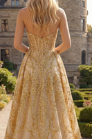 Load image into Gallery viewer, Corset A Line Golden Sparkly High Low Beaded Prom Dress with Cape