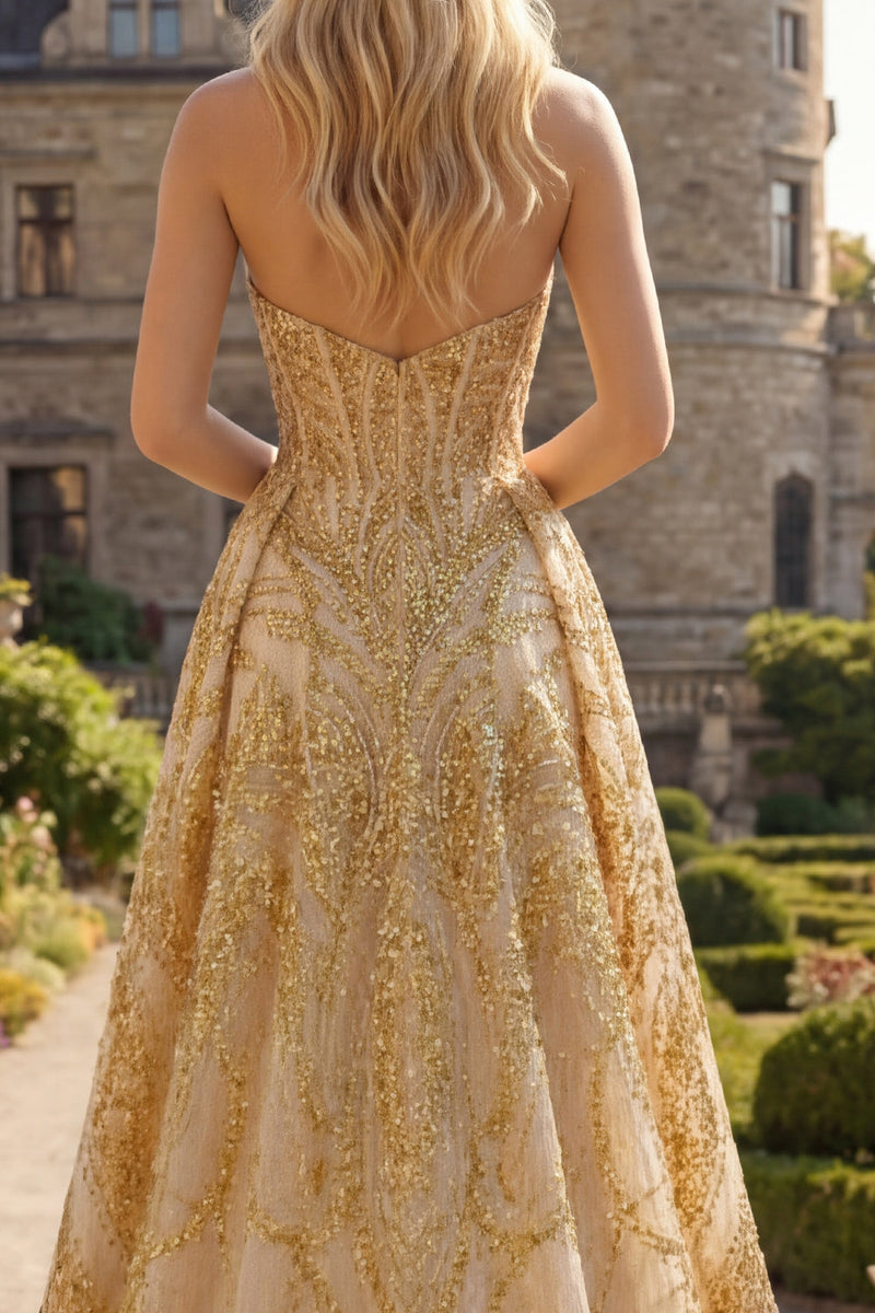Load image into Gallery viewer, Corset A Line Golden Sparkly High Low Beaded Prom Dress with Cape