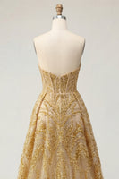 Load image into Gallery viewer, Corset A Line Golden Sparkly High Low Beaded Prom Dress with Cape