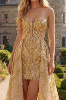 Load image into Gallery viewer, Corset A Line Golden Sparkly High Low Beaded Prom Dress with Cape