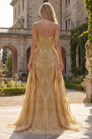Load image into Gallery viewer, Ruched Strapless Mermaid Sparkly Golden Beaded Long Prom Dress with Cape
