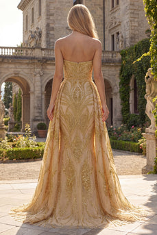 Ruched Strapless Mermaid Sparkly Golden Beaded Long Prom Dress with Cape