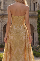 Load image into Gallery viewer, Ruched Strapless Mermaid Sparkly Golden Beaded Long Prom Dress with Cape