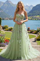Load image into Gallery viewer, Strapless Corset Green Floral Long A Line Beaded Prom Dress