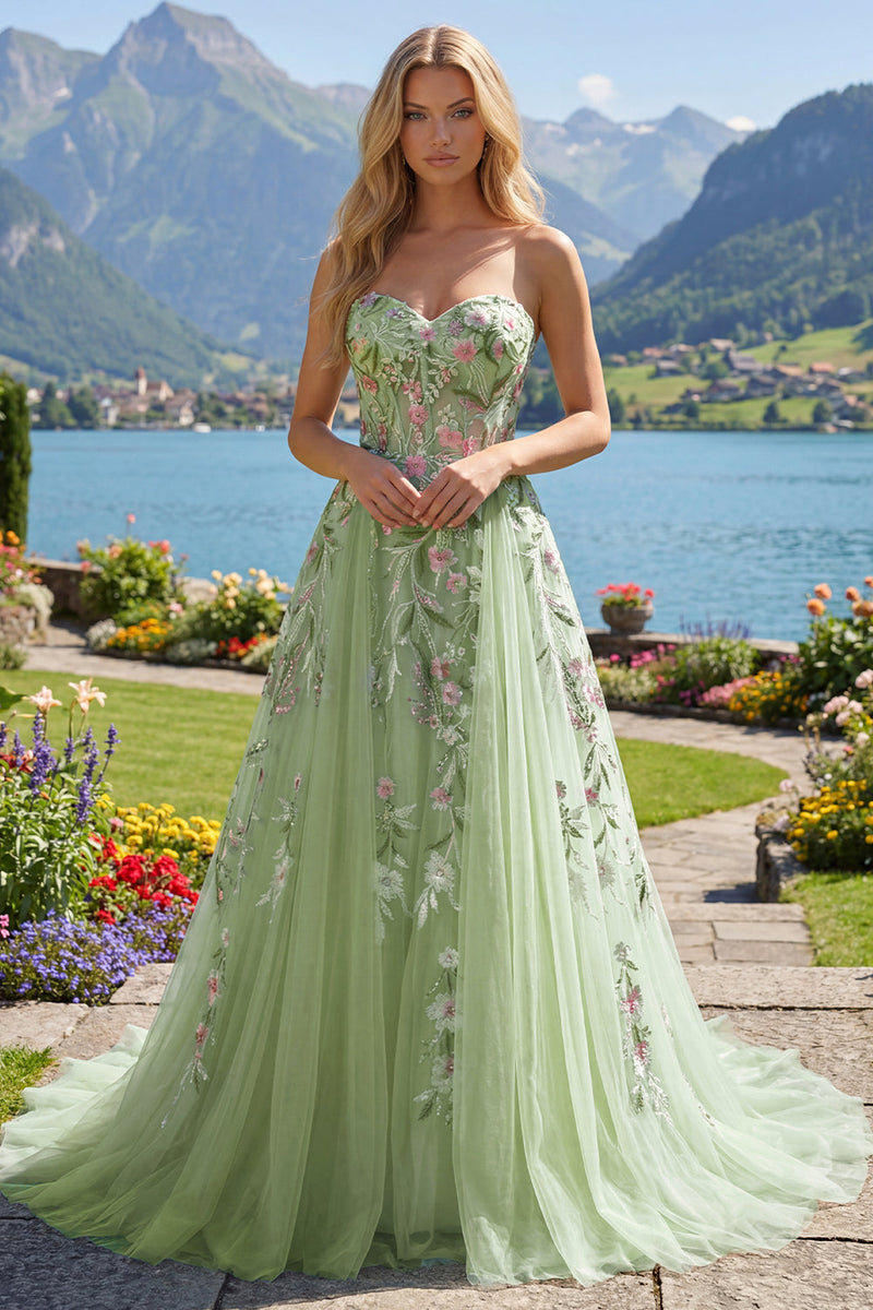 Load image into Gallery viewer, Strapless Corset Green Floral Long A Line Beaded Prom Dress