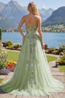 Load image into Gallery viewer, Strapless Corset Green Floral Long A Line Beaded Prom Dress