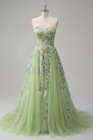 Load image into Gallery viewer, Strapless Corset Green Floral Long A Line Beaded Prom Dress