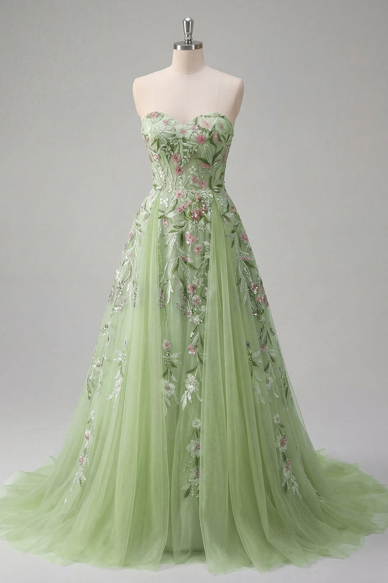 Load image into Gallery viewer, Strapless Corset Green Floral Long A Line Beaded Prom Dress