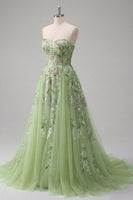 Load image into Gallery viewer, Strapless Corset Green Floral Long A Line Beaded Prom Dress