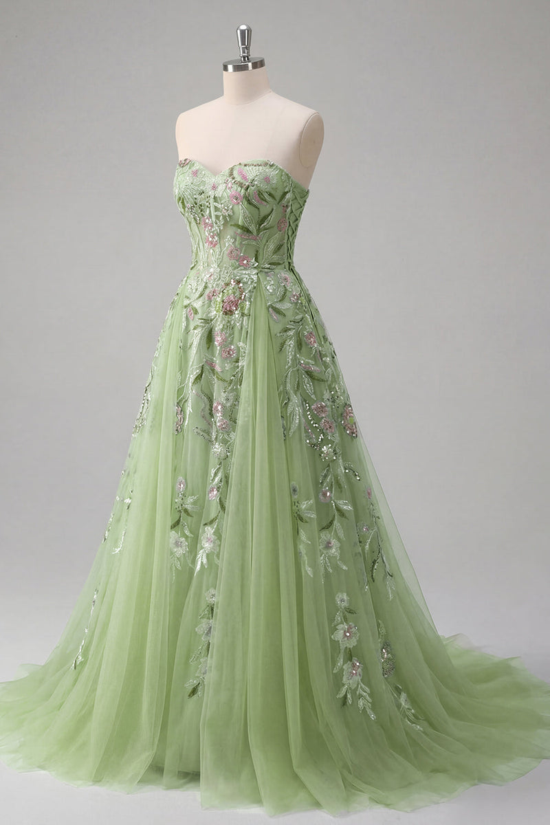 Load image into Gallery viewer, Strapless Corset Green Floral Long A Line Beaded Prom Dress