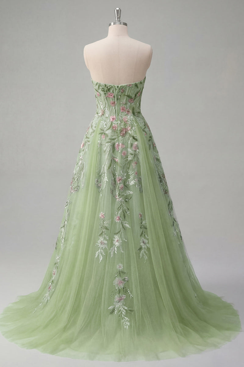 Load image into Gallery viewer, Strapless Corset Green Floral Long A Line Beaded Prom Dress