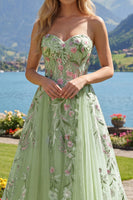 Load image into Gallery viewer, Strapless Corset Green Floral Long A Line Beaded Prom Dress